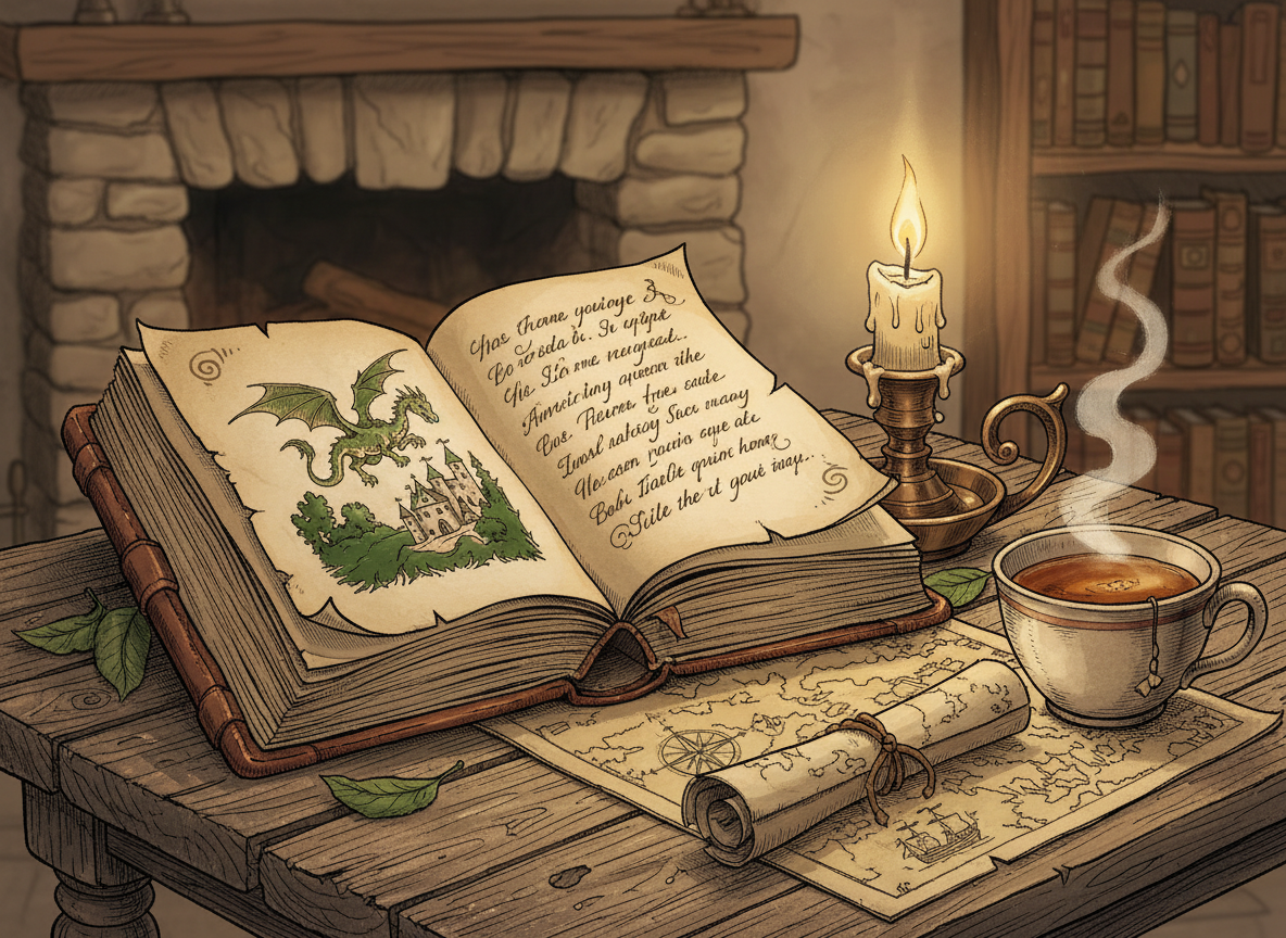 A cozy illustrated scene of an open antique leather-bound book beside a flickering candle, a rolled vintage map, and a steaming cup of tea in warm candlelit parchment and amber tones.